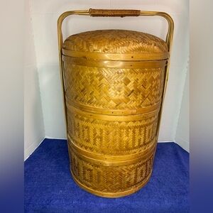 Vintage Chinese 3 Tier Wedding Basket Stacking Bamboo Rattan Woven Cane